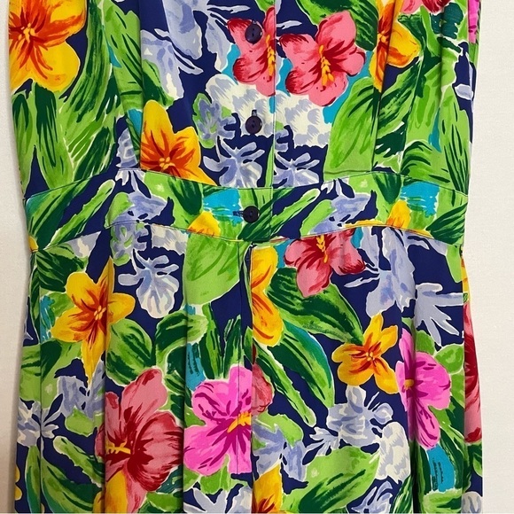 Talbots Silk Tropical Floral Pleated Button Back Midi Dress Vintage 90s - Picture 10 of 13